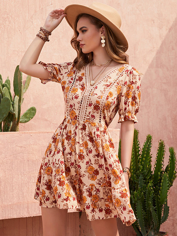 Bohemia A-Line High Waisted Floral Printed V-Neck Mini Dress