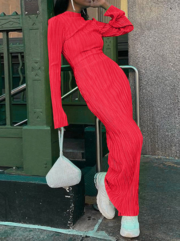 Pleated Solid Color Split-Joint Long Sleeves Skinny Round-Neck Maxi Dresses