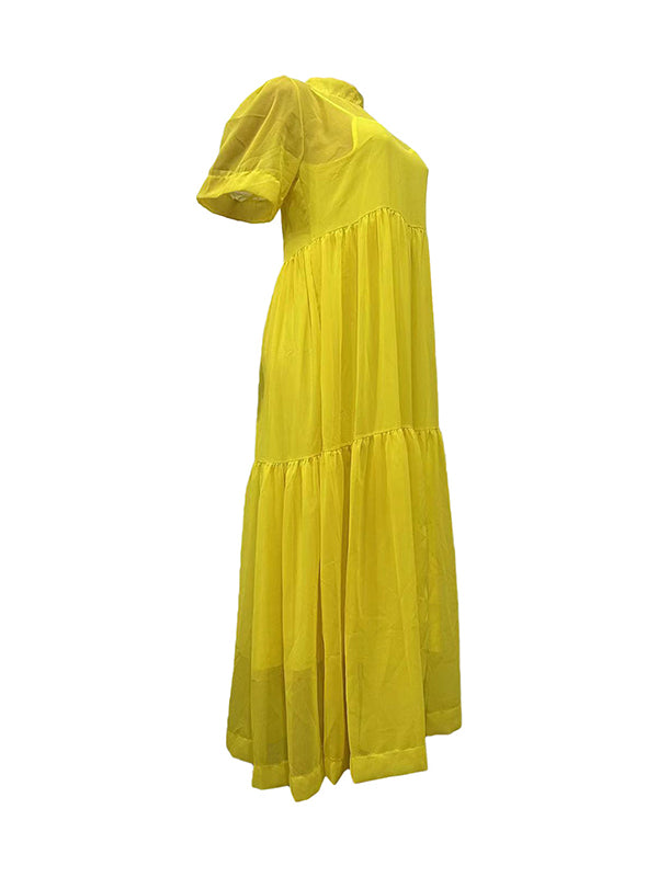 Solid Color Loose Plus Size Split-Joint Inner Dress + Mock Neck Mesh Pleated Outer Dress Two Pieces Set