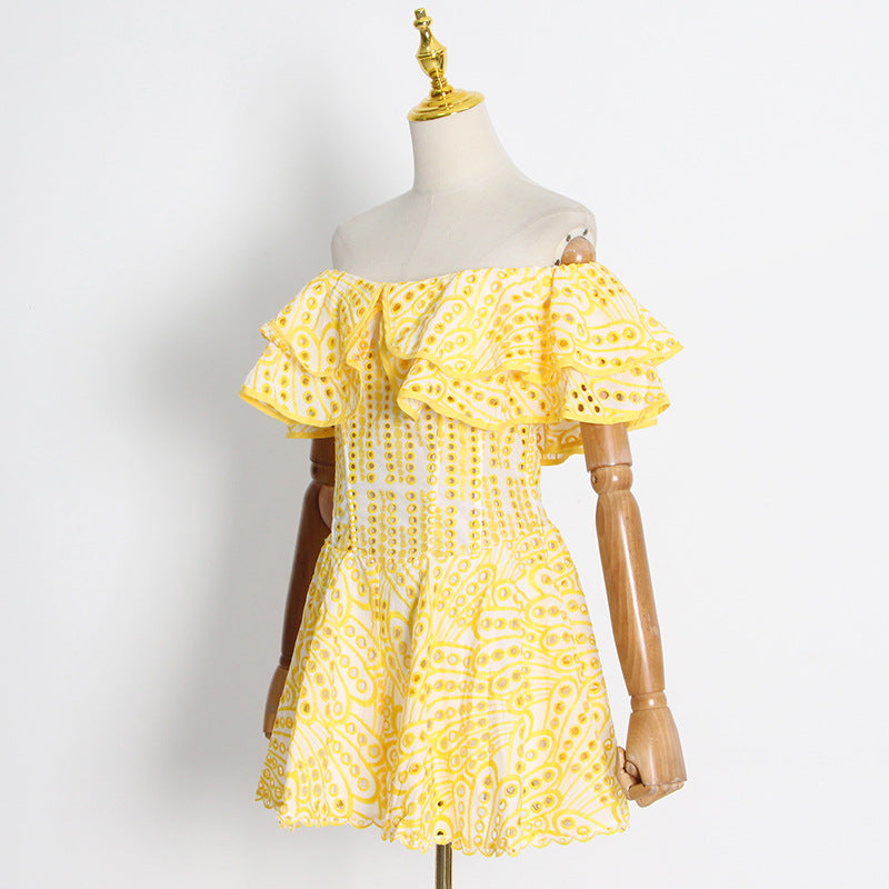 Double Ruffle Embroidery Hollow Out Mini Dress