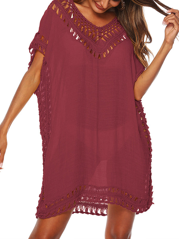 Hollow See-Through Solid Color Split-Joint Loose Raglan Sleeve V-Neck Mini Dresses