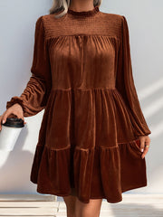Pleated Solid Color Split-Joint Velvet A-Line Long Sleeves Mock Neck Mini Dresses