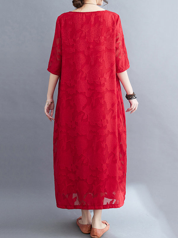 Jacquard See-Through Solid Color Loose Three-quarter Sleeves Round-neck Midi Dresses