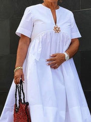 Solid Color Loose Short Sleeves Deep V-Neck Shirt Dress Midi Dresses