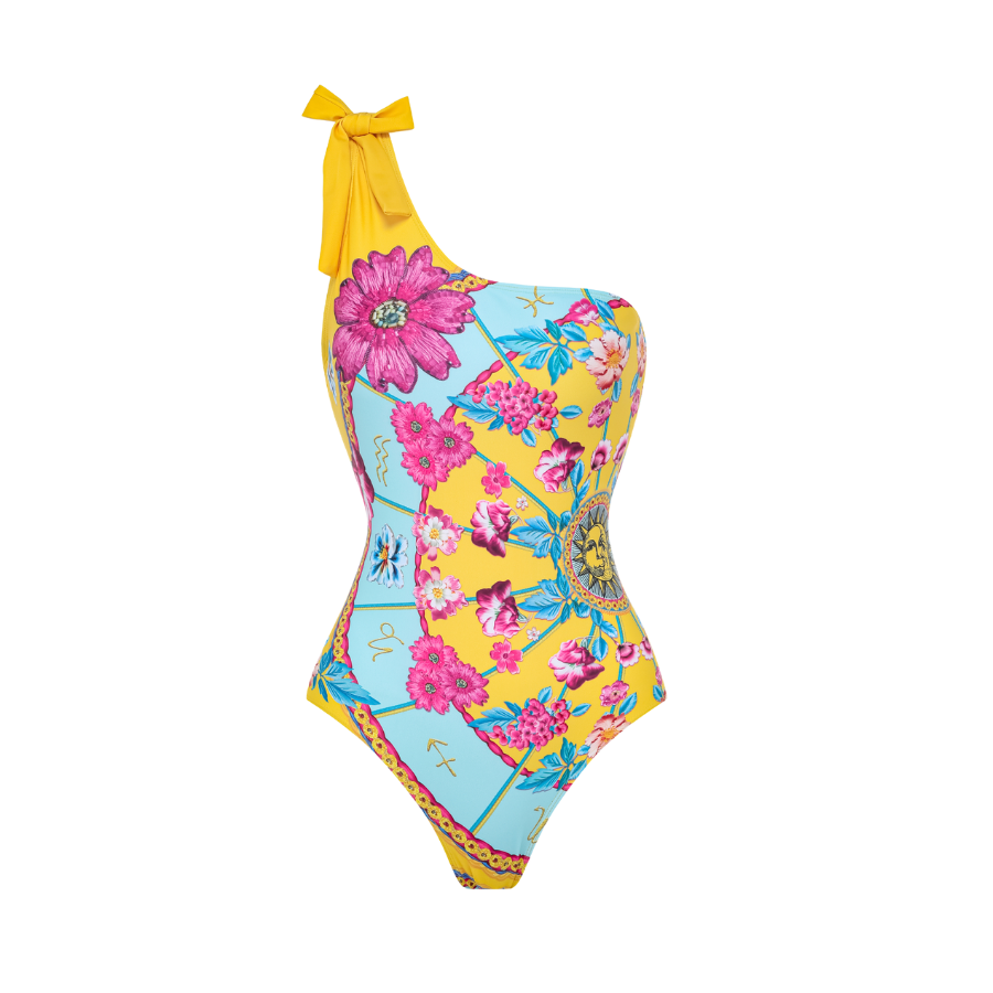 Constellation Flower Print One Shoulder One Piece Swimsuit and Sarong (Shipped on Jan 4th)