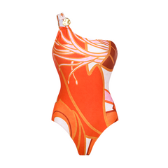 One Shoulder Print One Piece Swimsuit and Sarong(Shipped on Jan 11th)