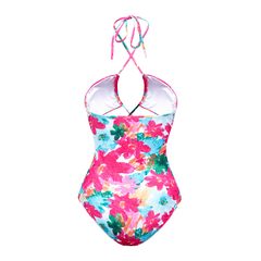 Halter Cutout Floral One Piece Swimsuit and Skirt Flaxmaker