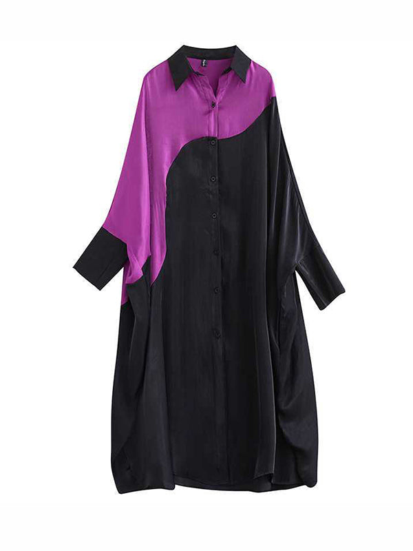 Asymmetric Buttoned Contrast Color Split-Joint Batwing Sleeves Loose Lapel Midi Dresses