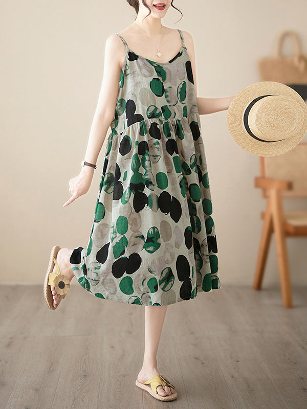 Pleated Printed Split-Joint Loose Sleeveless Spaghetti-Neck Midi Dresses