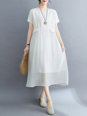 Gauze Solid Color Split-Joint Loose Short Sleeves Round-neck Midi Dresses