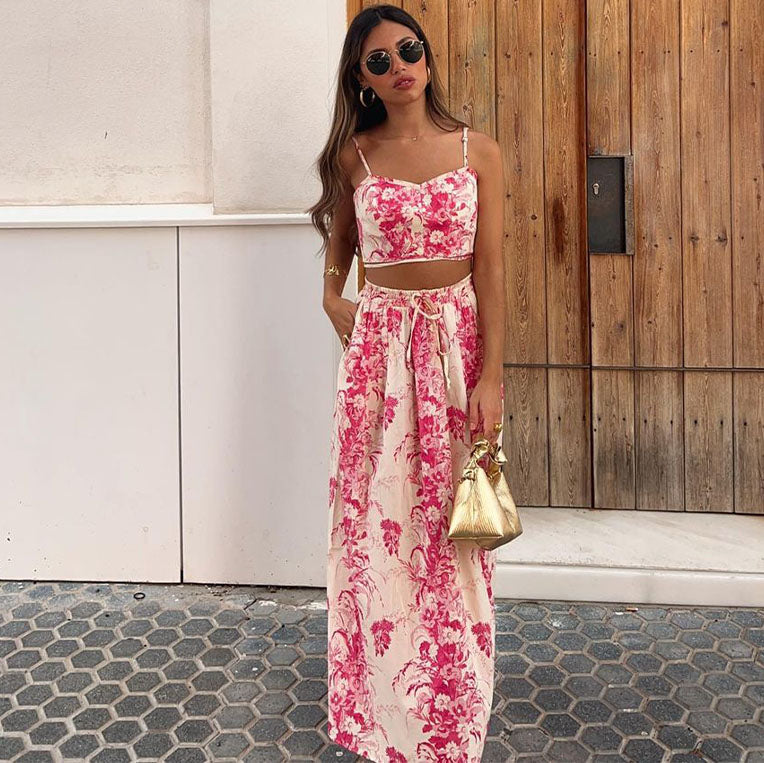 Lace up Pink Sling Cami and Skirt Set