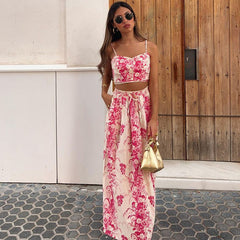 Lace up Pink Sling Cami and Skirt Set