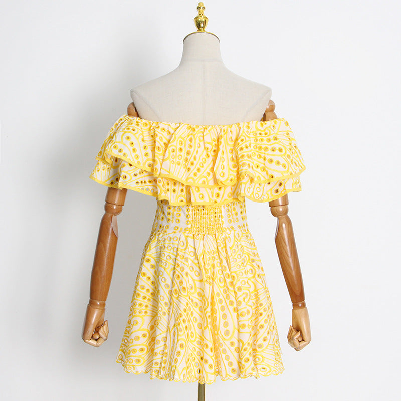 Double Ruffle Embroidery Hollow Out Mini Dress