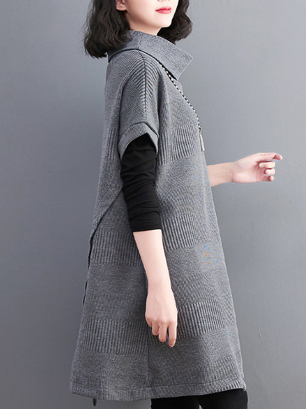 Asymmetric Solid Color Split-front Split-Joint Loose Raglan Sleeve High-neck Mini Dresses Knitwear