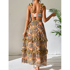 Ruffle Starp Leopard Print High Waist Bikini Swimsuit and Skirt Flaxmaker