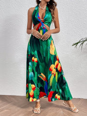 Halter Lace up Printed Midi Dress