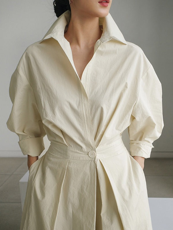 Long Sleeves Loose Pleated Solid Color Split-Joint Tied Waist Lapel Midi Dresses Shirt Dress