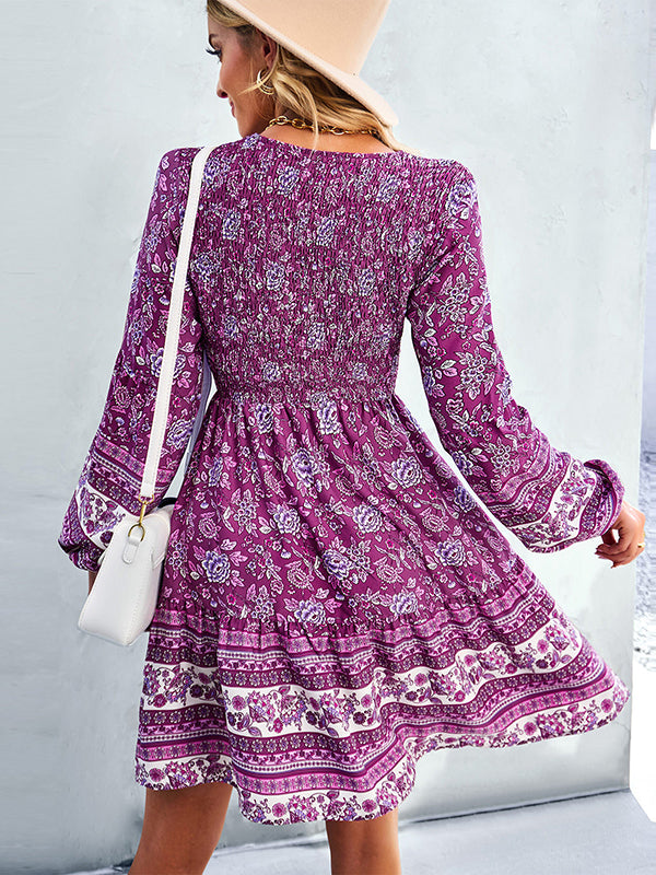 Bohemia A-Line Loose Floral Printed V-Neck Dress