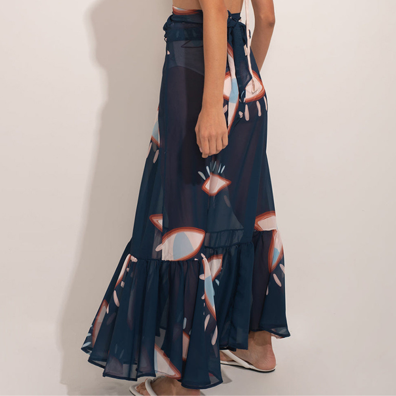 One Shoulder Ruffle Eye Print One Piece Swimsuit and Skirt Flaxmaker