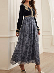 Embroidered Flower Print Split-Joint A-Line High Waisted V-Neck Maxi Dresses