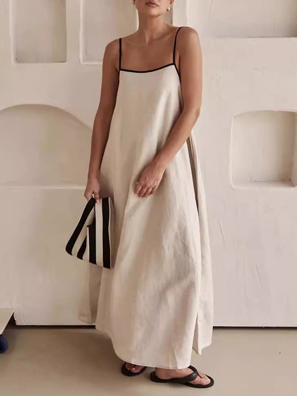 Split-Joint A-Line Loose Spaghetti-Neck Maxi Dresses