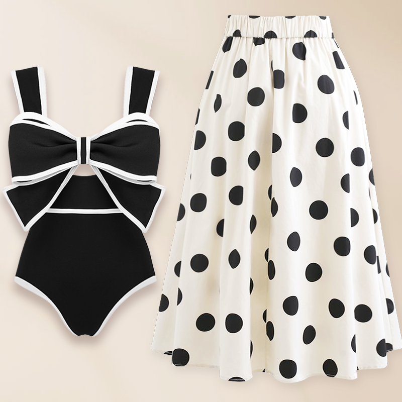 Plus Size Bow Decor One Piece Swimsuit and Skirt Flaxmaker