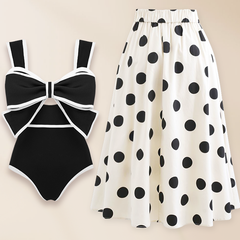 Plus Size Bow Decor One Piece Swimsuit and Skirt Flaxmaker