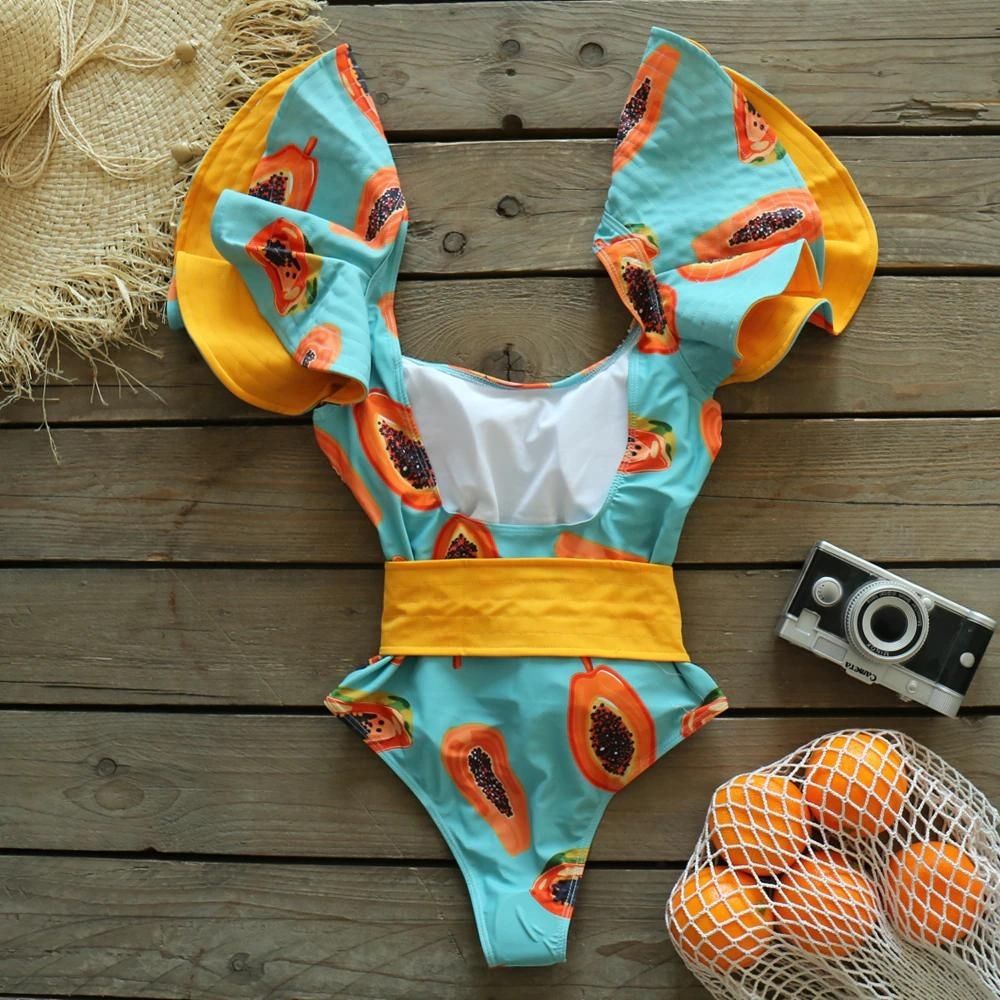 Ruffle Papaya Printed Backless Belt One Piece Swimsuit