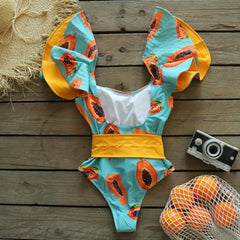 Ruffle Papaya Printed Backless Belt One Piece Swimsuit