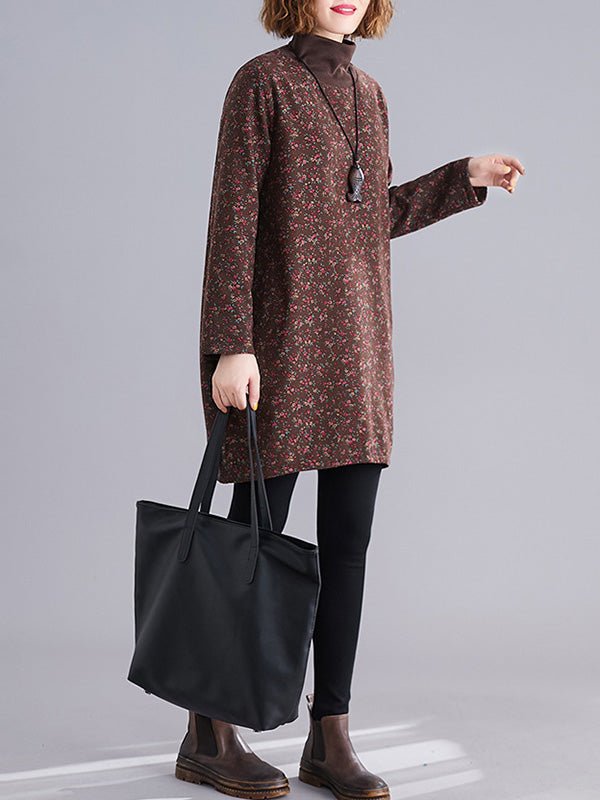 Vintage Loose Long Sleeves Floral Printed High-Neck Mini Dresses