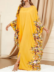 Muslim Printed Split-Front Batwing Sleeves Loose Round-Neck Maxi Dresses