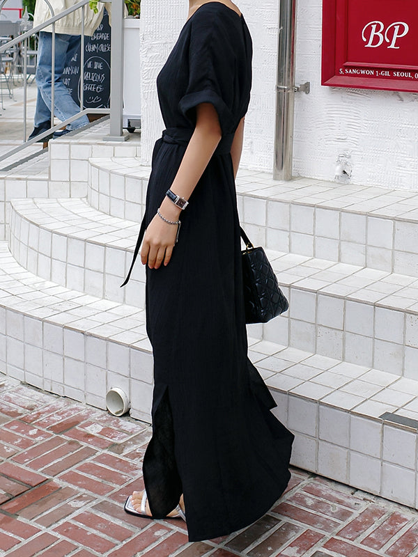 Hollow Solid Color Split-Side Tied Waist A-Line Loose V-Neck Midi Dresses