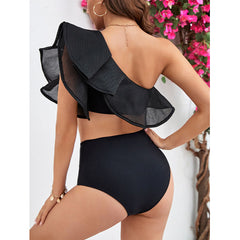 One Shoulder Ruffled Black Bikini Swimsuit Flaxmaker