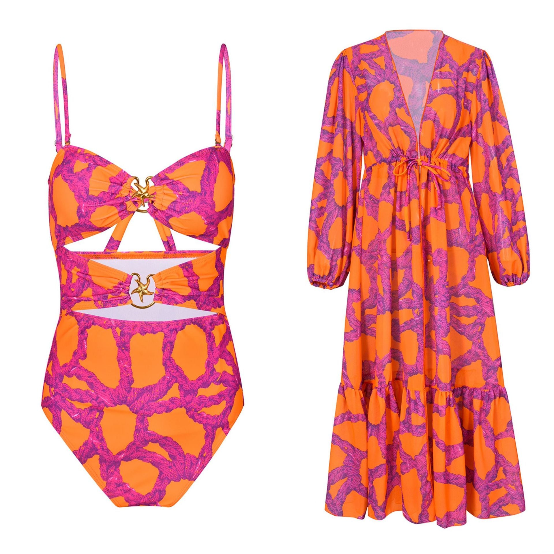 Starfish Printed Cutout One Piece Swimsuit and Cardigan