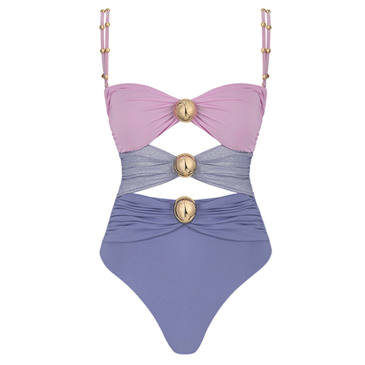 Color Block One Piece Swimsuit And Sarong