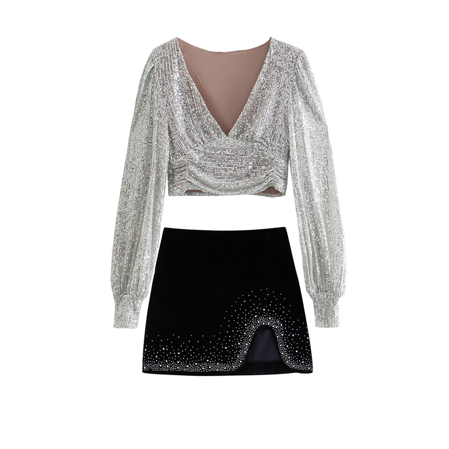 Flaxmaker Sequined Hot Drill Tarpaulin Sleeve V-neck Top Two Piece Set
