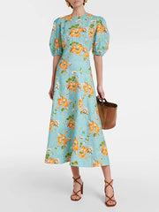 Puff Sleeves Short Sleeves Flower Print Round-Neck Maxi Dresse