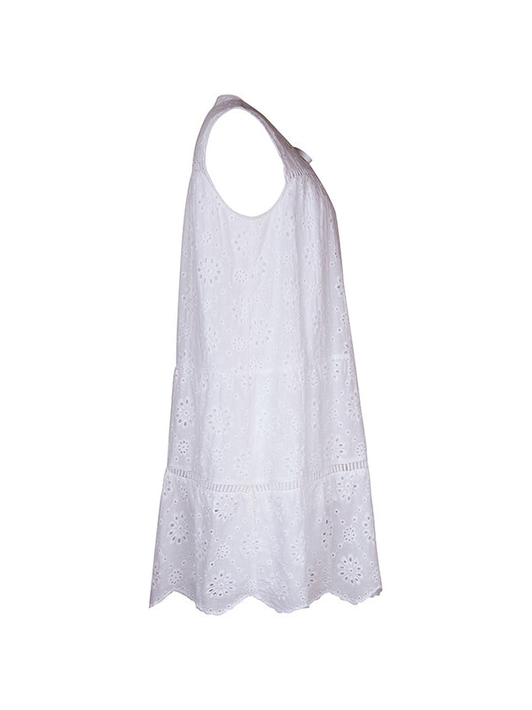 Hollow Lace-Up Solid Color Split-Joint Loose Sleeveless Round-Neck Mini Dresses