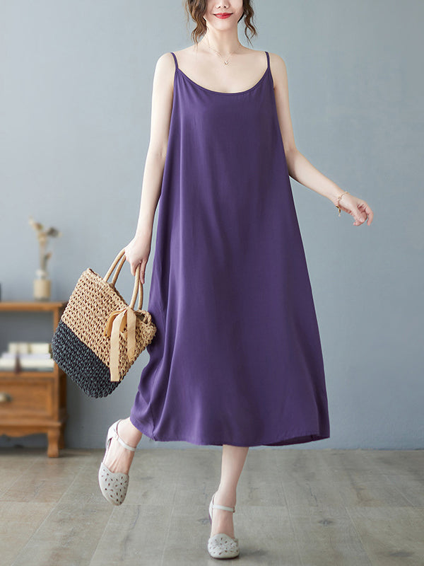 Solid Color Loose Sleeveless Spaghetti-Neck Midi Dresses