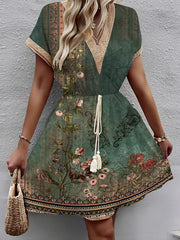 Elasticity Flower Print Hollow Split-Joint Tasseled Tied Waist A-Line Loose V-Neck Mini Dresses