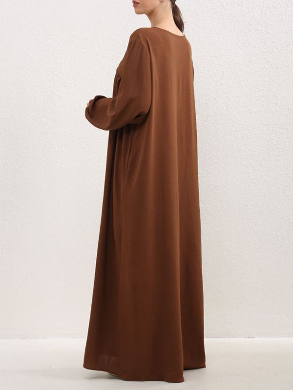 Pleated Solid Color Split-Joint Long Sleeves Loose Round-Neck Maxi Dresses