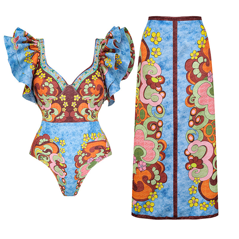 V Neck Ruffle Underwired Printed Backless One Piece Swimsuit and Skirt(Shipped on Jan 11th)