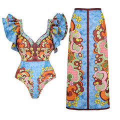 V Neck Ruffle Underwired Printed Backless One Piece Swimsuit and Skirt(Shipped on Jan 11th)