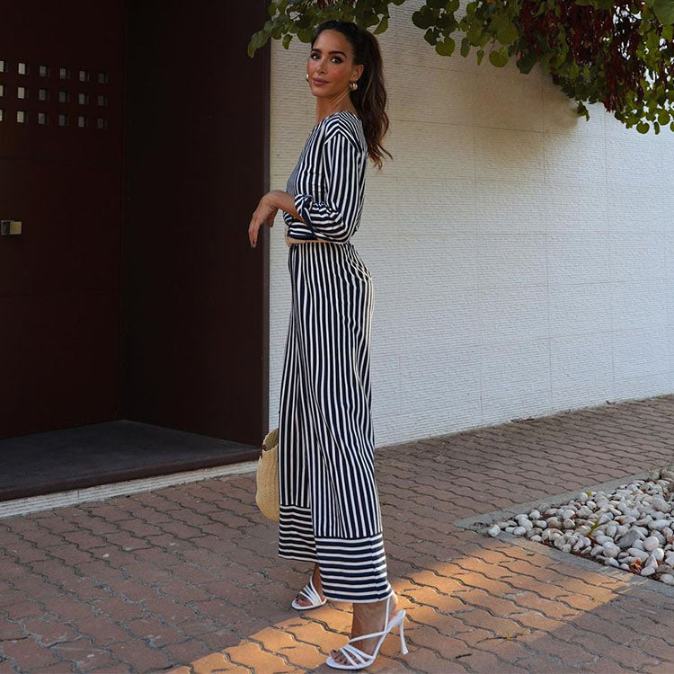 Oblique Shoulder Casual Striped Printed Shirt and Pants Set