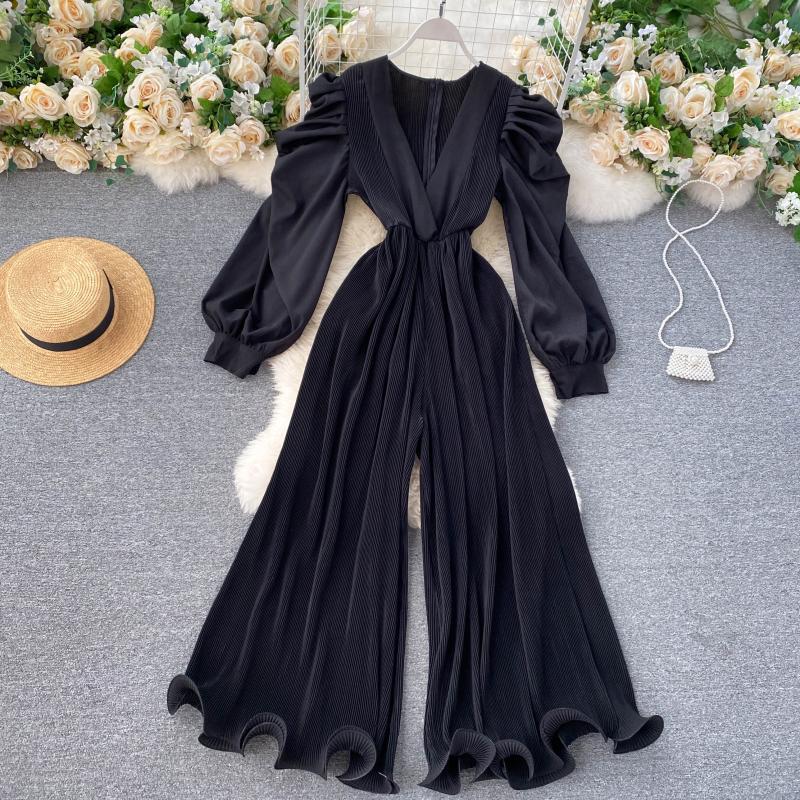 V Neck Long Sleeve Solid Color Casual Jumpsuit Flaxmaker