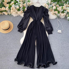 V Neck Long Sleeve Solid Color Casual Jumpsuit Flaxmaker