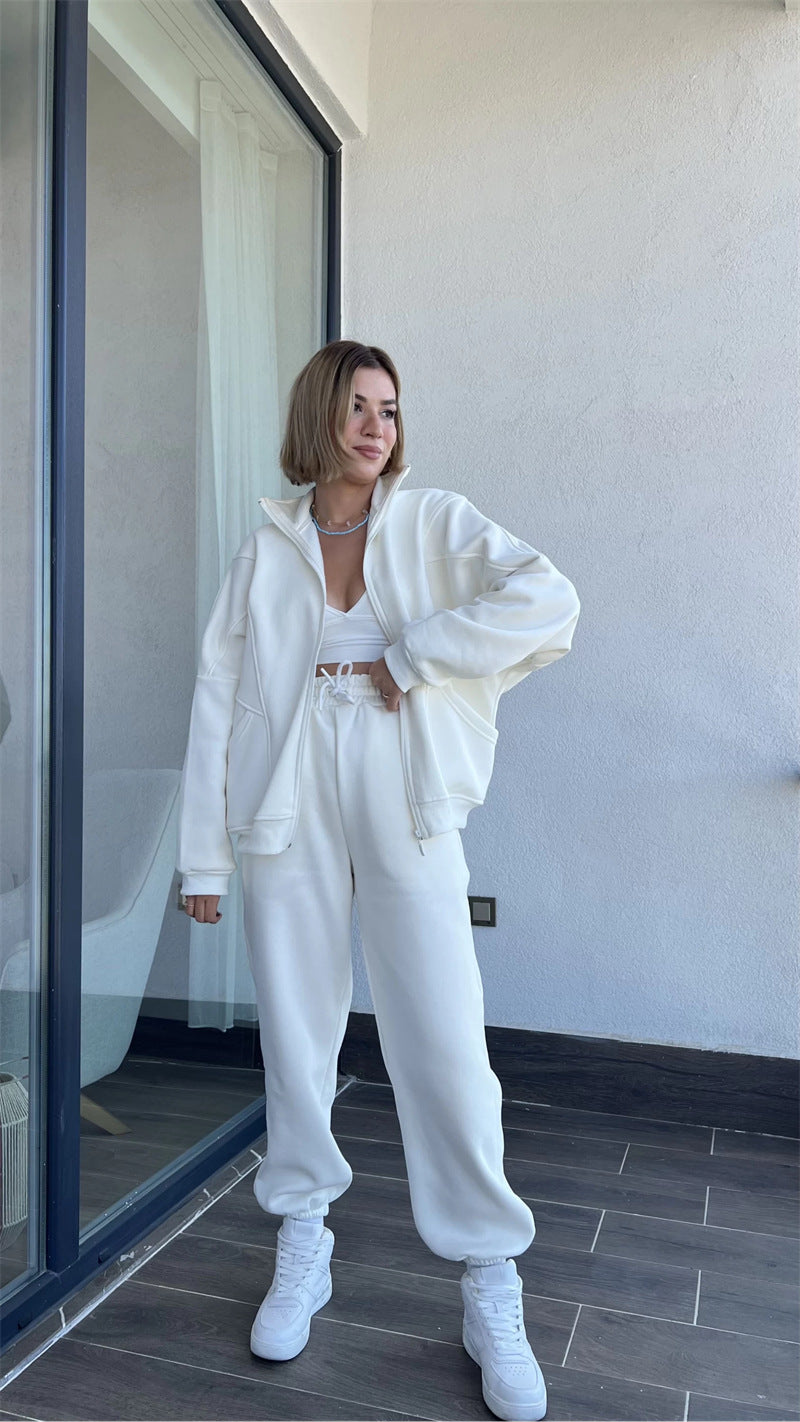 Velvet Stand Collar Long-sleeved  Hoodie Two Piece Set