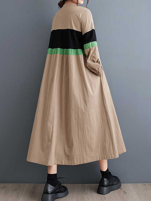 Buttoned Contrast Color Elasticity Split-Joint Long Sleeves Loose Round-neck Midi Dresses