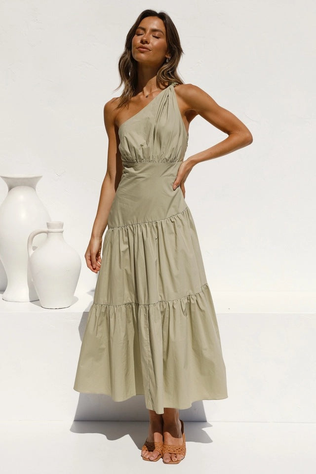 One Shoulder Solid Color Swing Dress