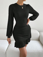 Pleated Ruffle Trim Solid Color Split-Joint Bodycon Long Sleeves Round-Neck Mini Dresses